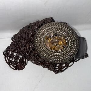 Vintage Y2K Embossed Woven Boho Brown Brass Statement Buckle Leather Belt 2X